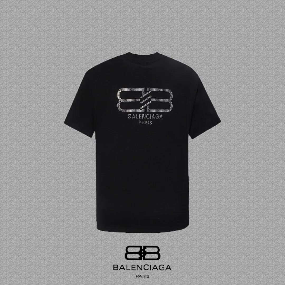 BALENCIAGA BB letter printed short-sleeved T-shirt, custom-woven and dyed 280g combed cotton fabric, zero color difference in threads, perfect details, different from the current version on the market, welcome to compare, Same Style for men and women, must-sell in the picture above Color: White Black Size: 1 2 3 4